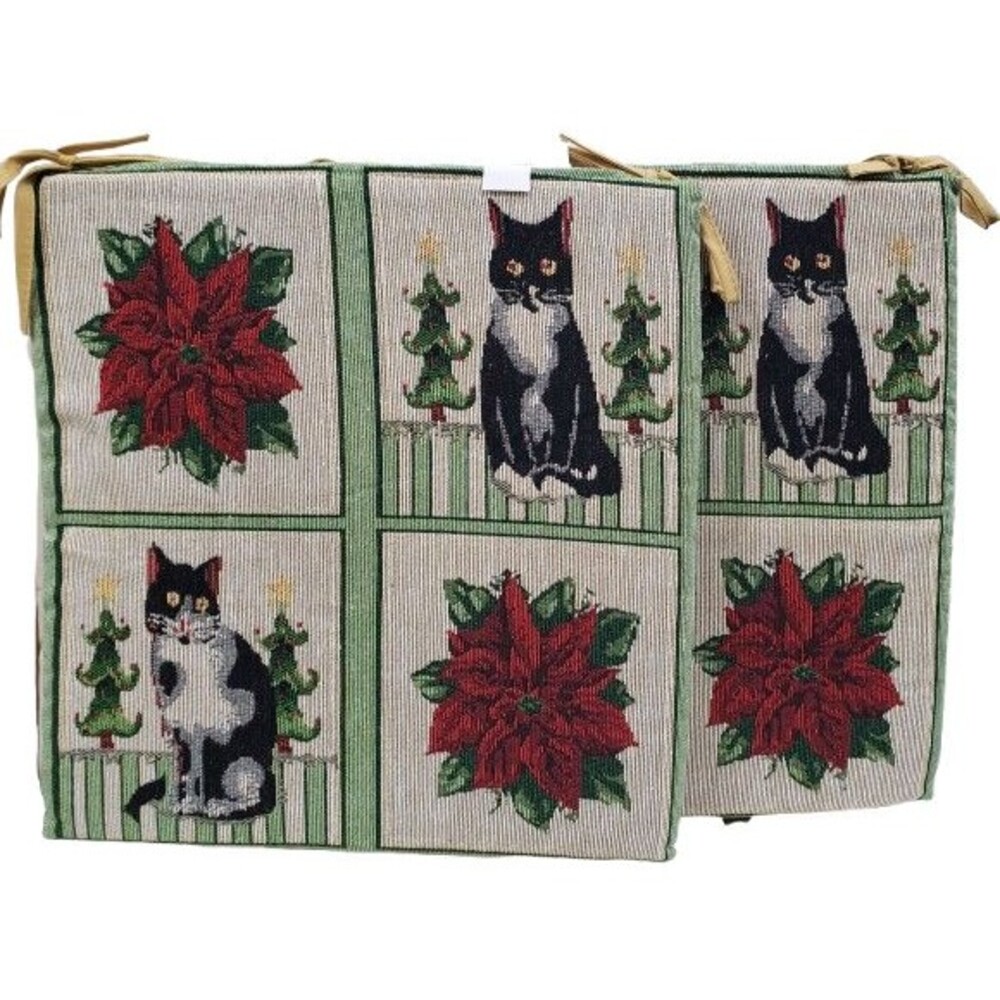 2 Same Tapestry Chair Cushion pads w/ties,15"x15",CHRISTMAS CATS & POINSETTIA,CE
